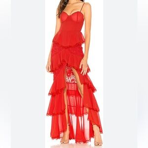 Majorelle Red Chiffon Ruffled Lace Maxi Dress
size S